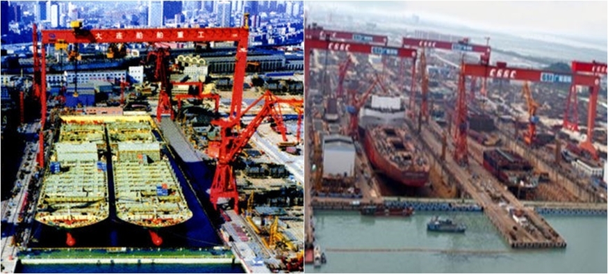 (왼쪽부터)중국선박중공업집단 조선소와 중국선박공업집단 조선소 전경. (사진=CSIS, CSSC)